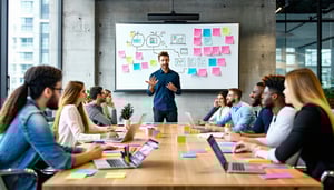The image depicts a modern office environment where a diverse team of IT professionals collaborates around a large conference table They are engaged in a dynamic discussion about change management strategies with laptops tablets and digital projector-1