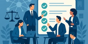 Eine Illustration zeigt ein Business-Team, das gemeinsam an einer Checkliste arbeitet. Im Hintergrund sind Symbole für Recht, Netzwerke und Dokumentation zu sehen.