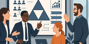 Team von Geschäftsleuten diskutiert vor Präsentation mit Diagrammen und Prozessgrafik.