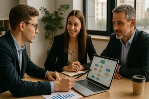 Drei Geschäftsleute besprechen ein Prozessdiagramm auf einem Laptop während eines Meetings im Büro.
