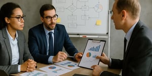 Drei Geschäftsleute besprechen Diagramme im Büro, während im Hintergrund ein Whiteboard mit Prozessdarstellung steht.
